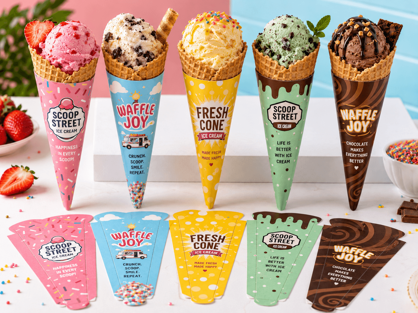 Colorful custom cone sleeves with fictional ice cream branding and bold food packaging design