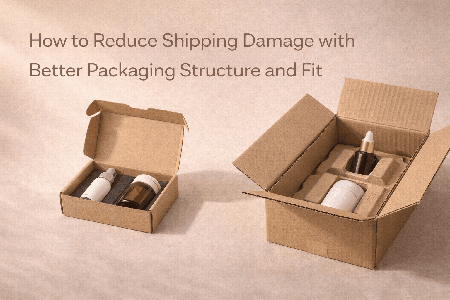 Shipping-ready packaging samples showing corrugated boxes inserts and right-sized product fit arranged on a studio surface.