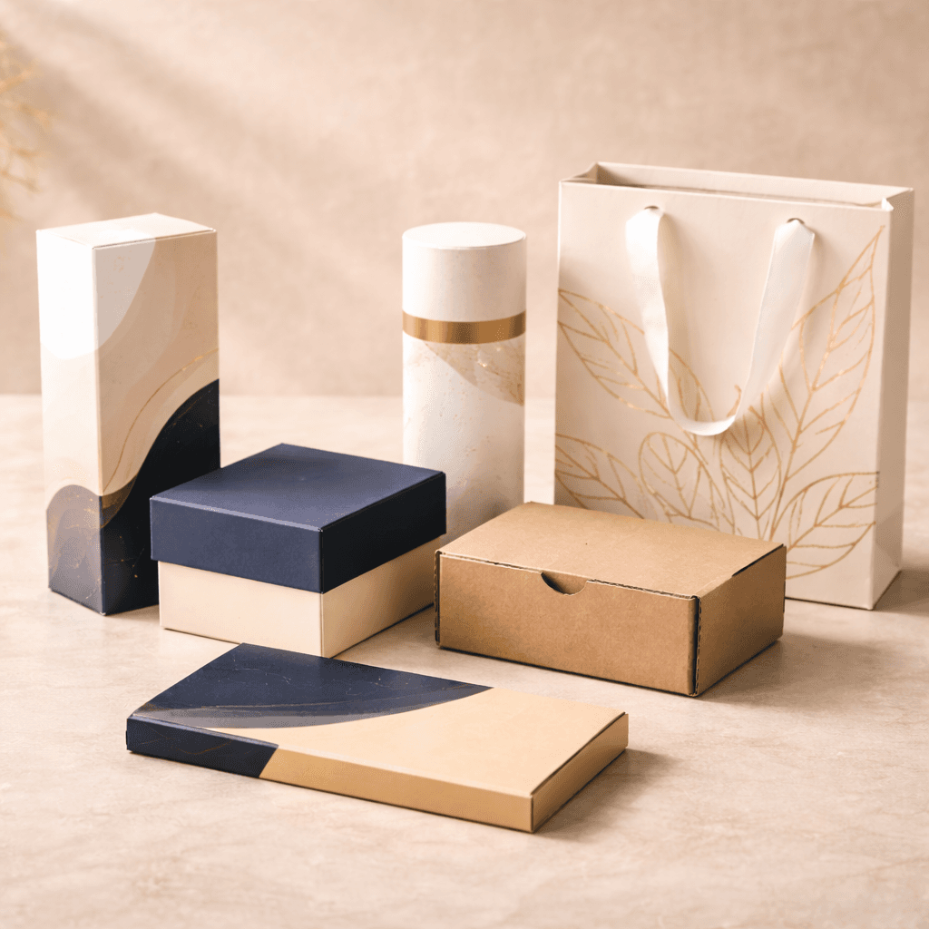 Different custom packaging sizes and box styles including rigid box mailer folding carton tube and paper bag