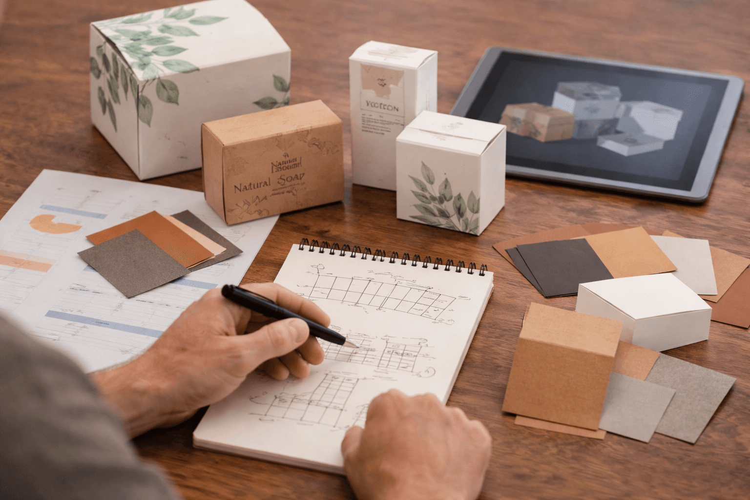 Designer sketching packaging layouts at a wooden workspace with subtle printed cartons, kraft box samples, paper swatches and digital box mockups on a tablet.