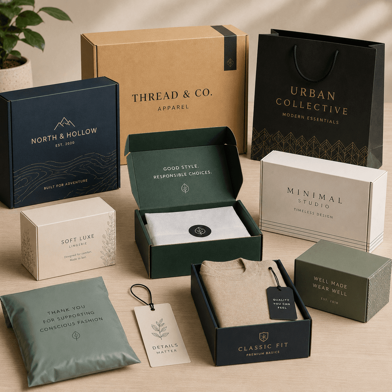 Premium retail and apparel packaging with branded shopping bags, mailer boxes, garment boxes, and accessory packaging.