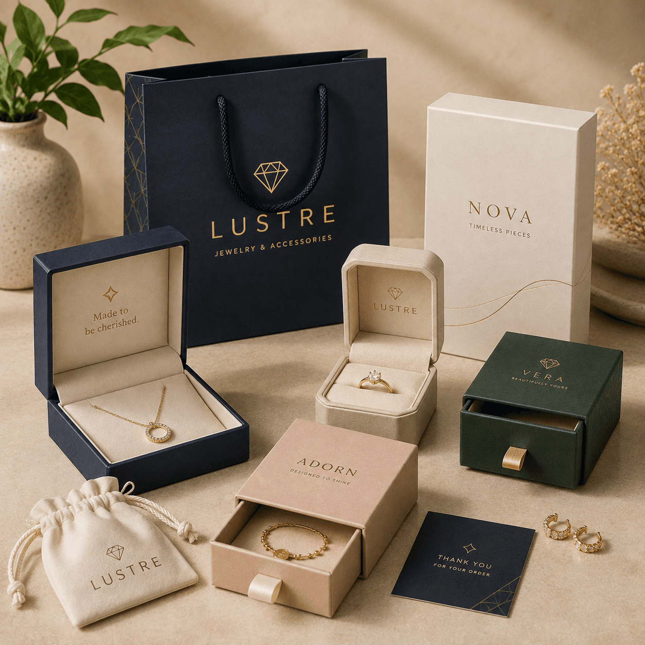 Premium jewelry and accessories packaging with branded gift boxes, shopping bags, pouches, and elegant presentation cases.