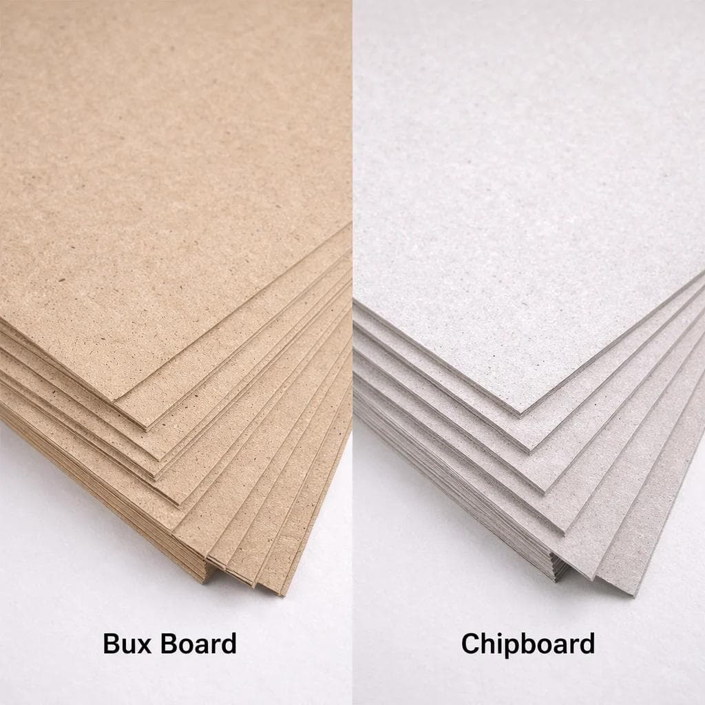 Solid bux board and chipboard sheets with dense raw edges in close-up