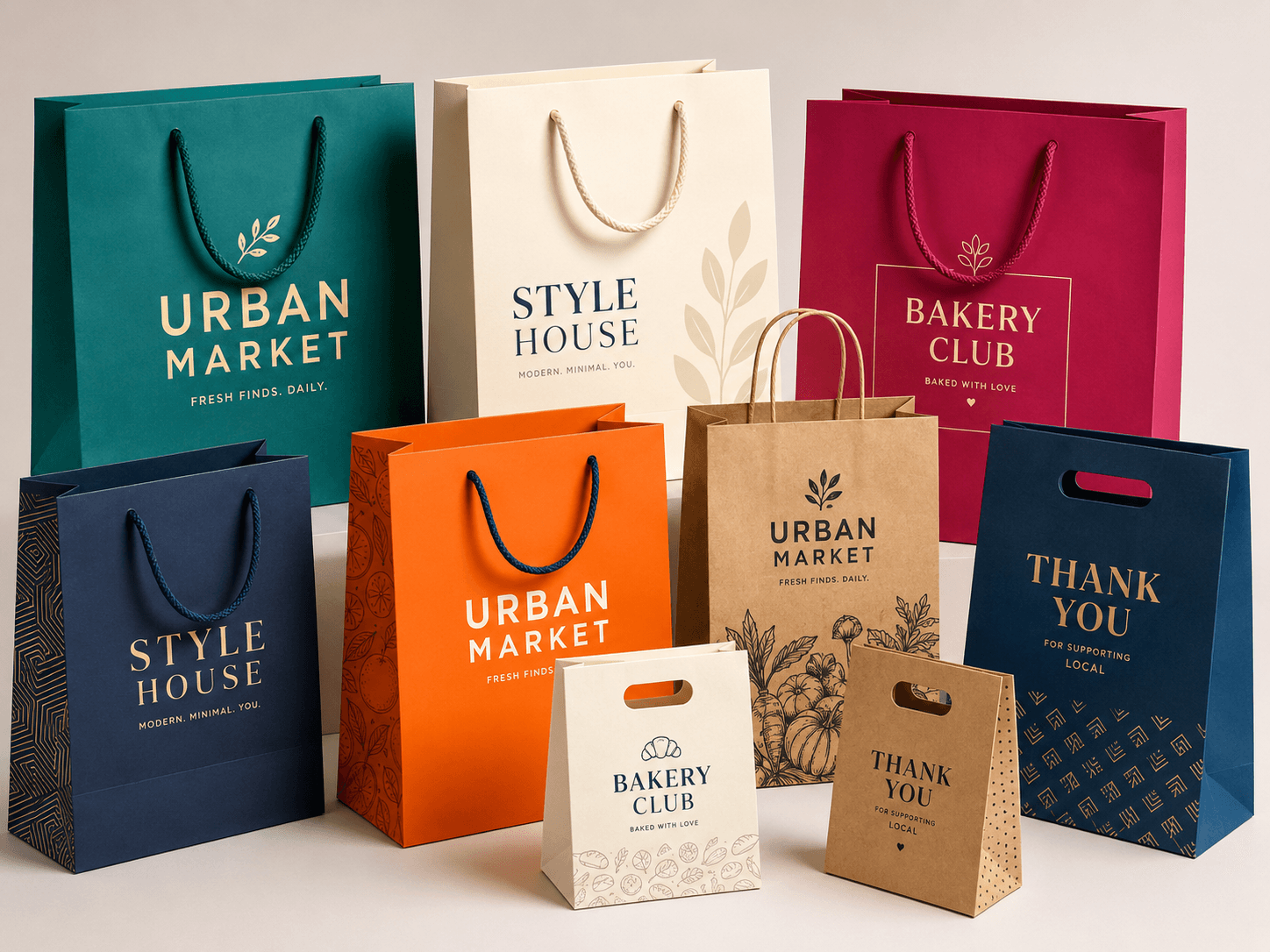 Bold custom paper bags with fictional branding, rope handles and colorful retail packaging display